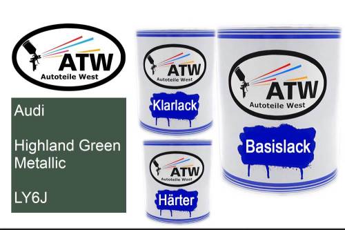 Audi, Highland Green Metallic, LY6J: 1L Lackdose + 1L Klarlack + 500ml Härter - Set, von ATW Autoteile West.